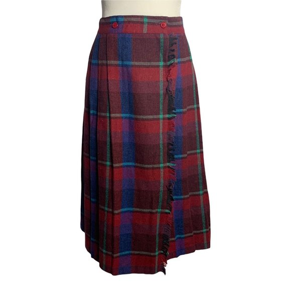 Skirts Vintage Pleated Wool Wrap Skirt S Red Plaid Mid Buttons Fringe